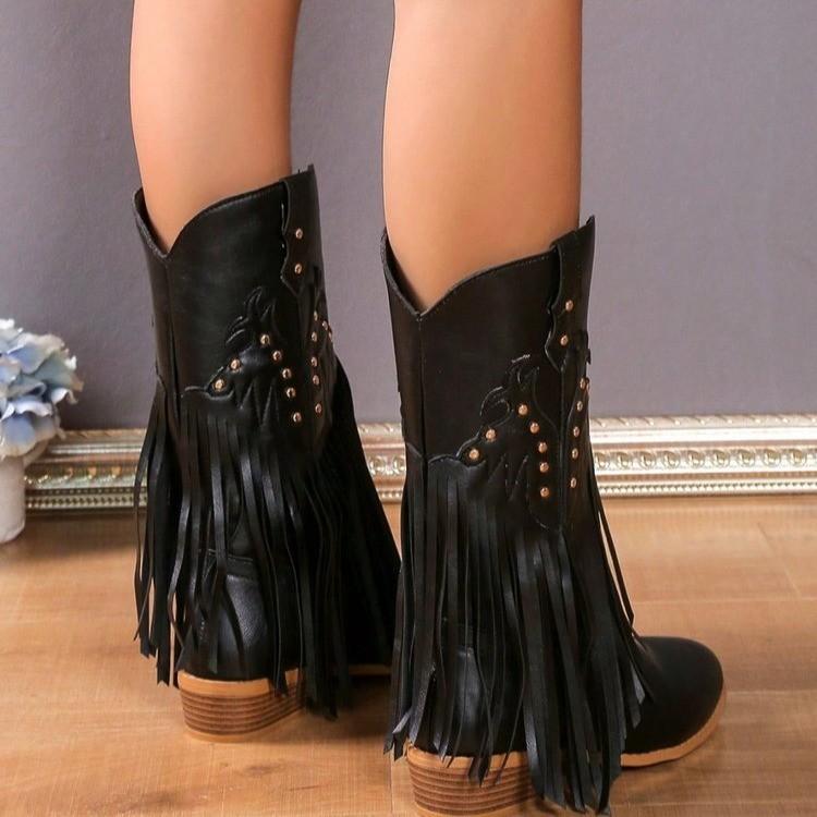 Tassels Rivets Leather Wedge Cowboy Boots