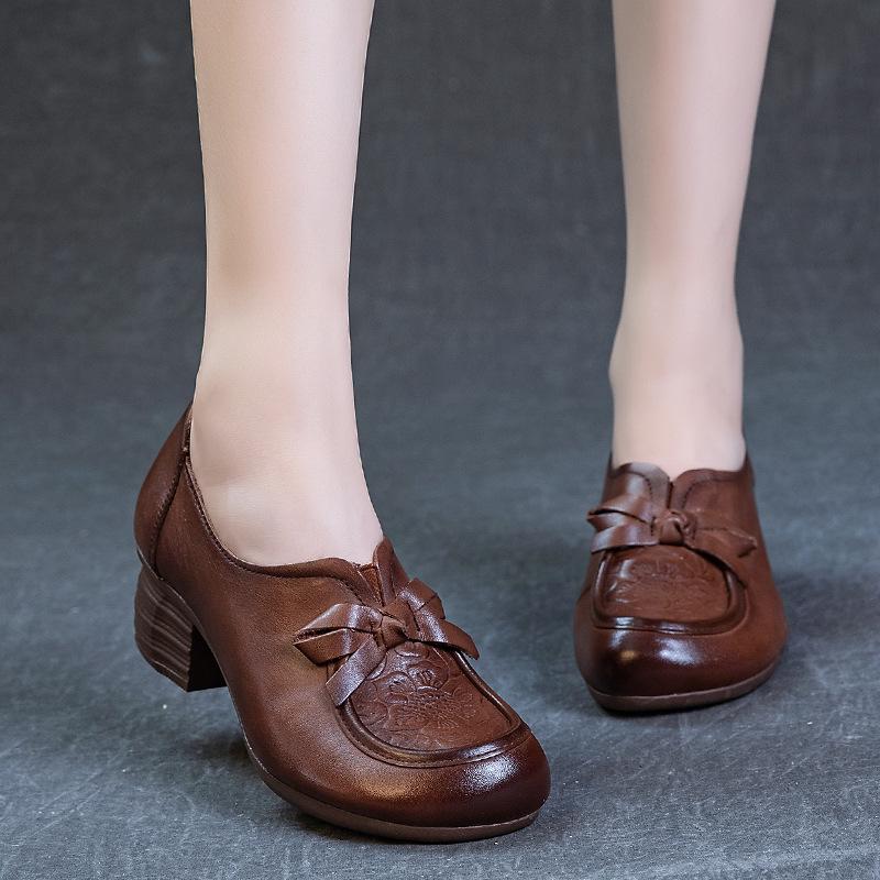 Bow Leather Mid-Heel Shoes