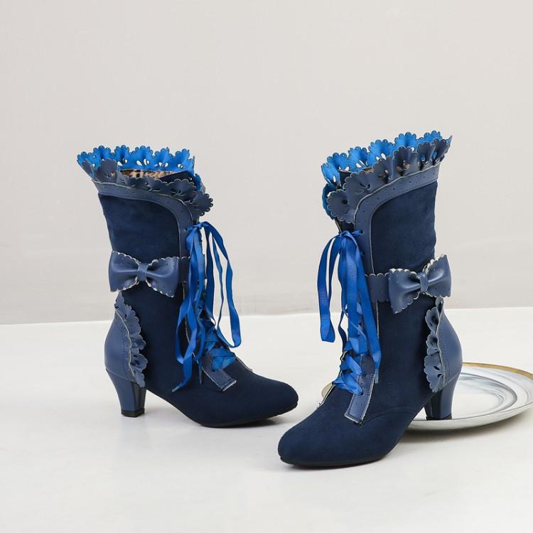 Ruffled Bow Ribbon Burnt Flower Knight Boots