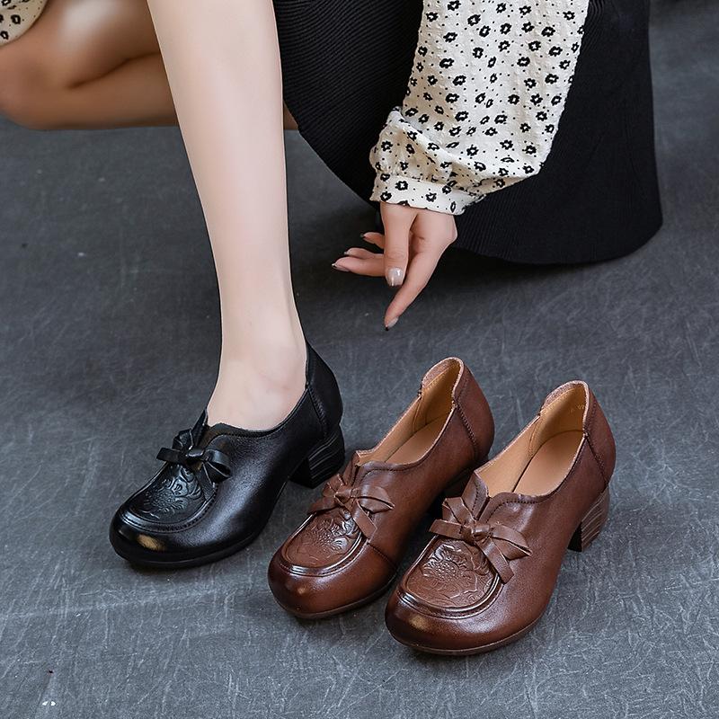 Bow Leather Mid-Heel Shoes