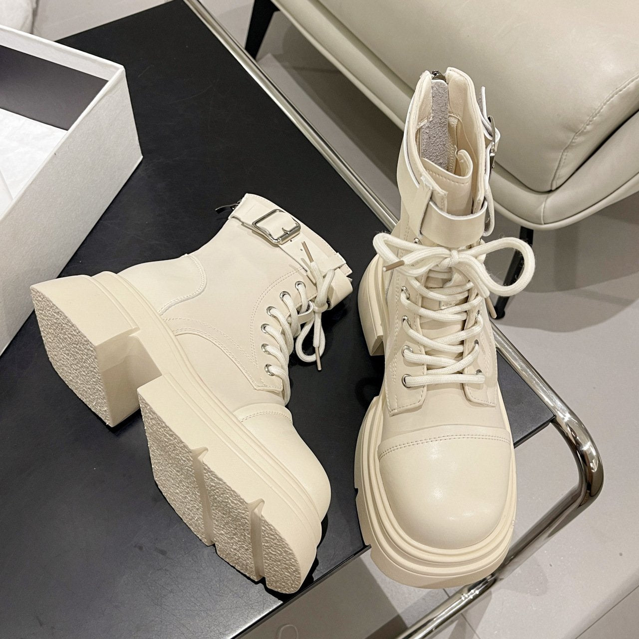 Solid Color Leather Belt Buckle Boots