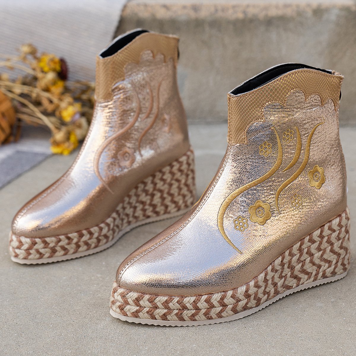 Wedges Embroidered Casual Retro Ankle Boots