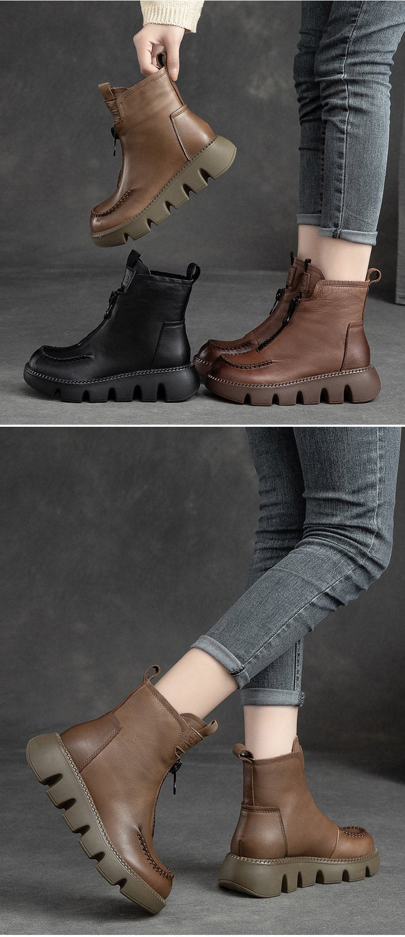 Warm Comfy Leather Zipper Boots
