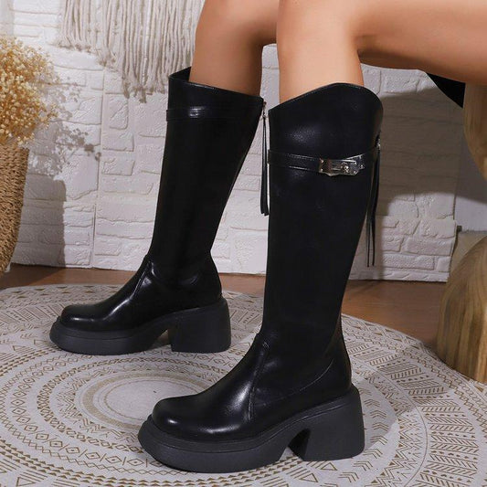 Leather Round Toe Thick Heels Boots