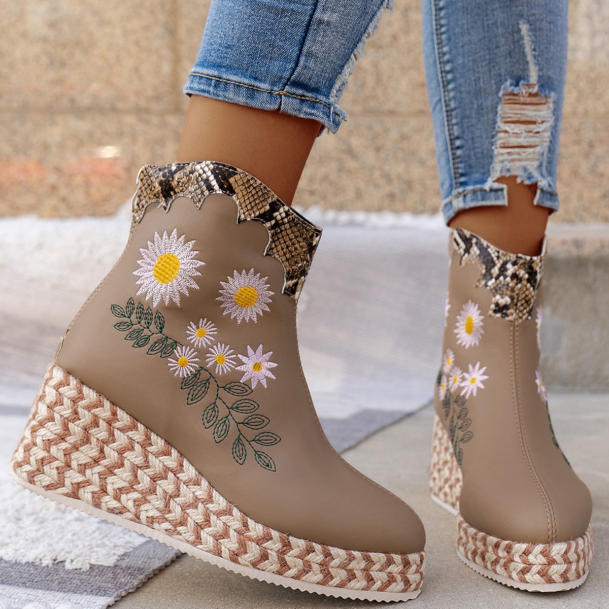 Wedges Embroidered Casual Retro Ankle Boots