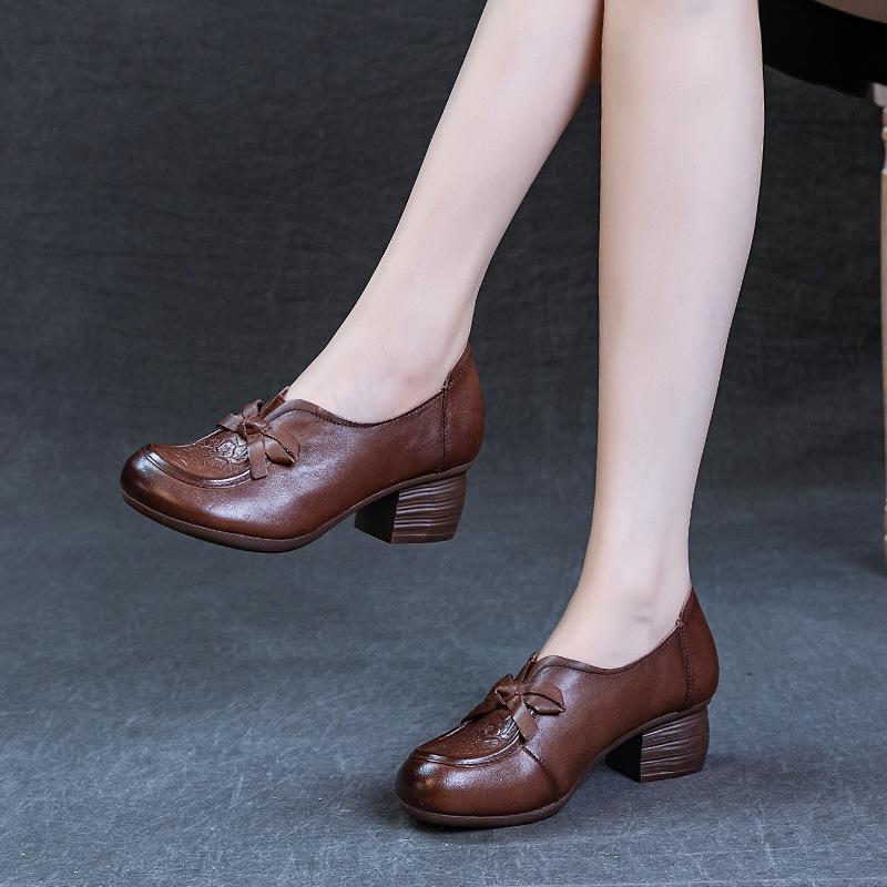 Bow Leather Mid-Heel Shoes