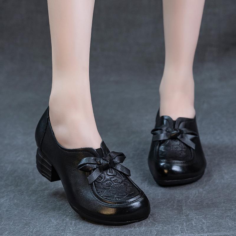 Bow Leather Mid-Heel Shoes