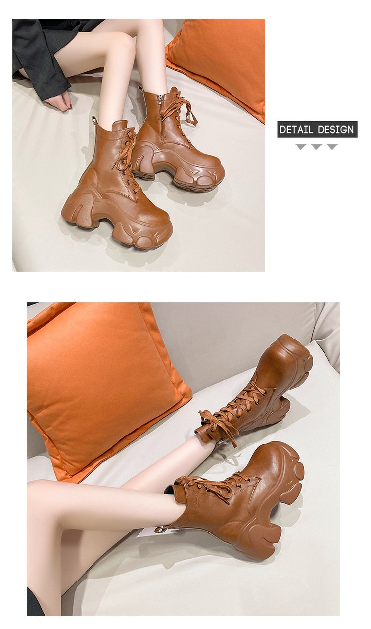 Wedge Retro Leather Lace-Up Chunky Boots