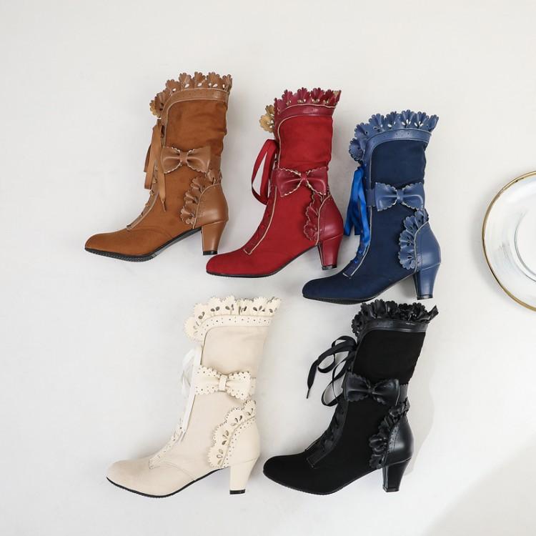 Ruffled Bow Ribbon Burnt Flower Knight Boots