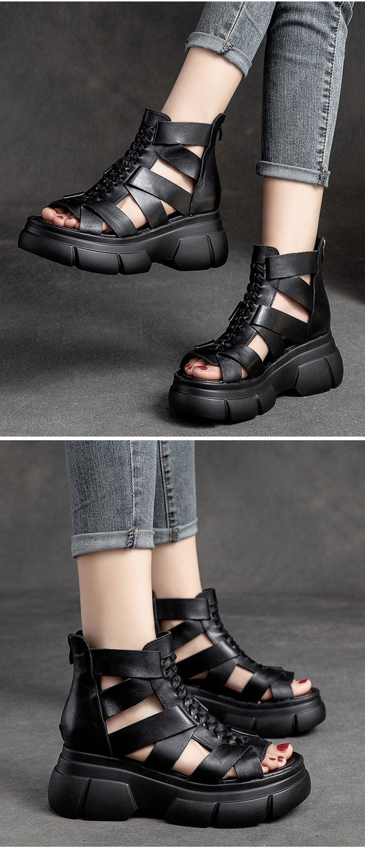 Comfortable Leather Retro Chunky Rocking Sandals