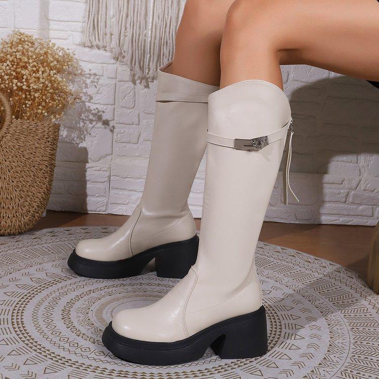 Leather Round Toe Thick Heels Boots