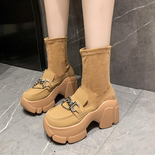 Metal Buckle Chunky Heel Elastics Boots
