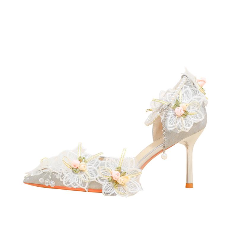 Sliver Silk Banquet Pearl Floral High Heels Shoes