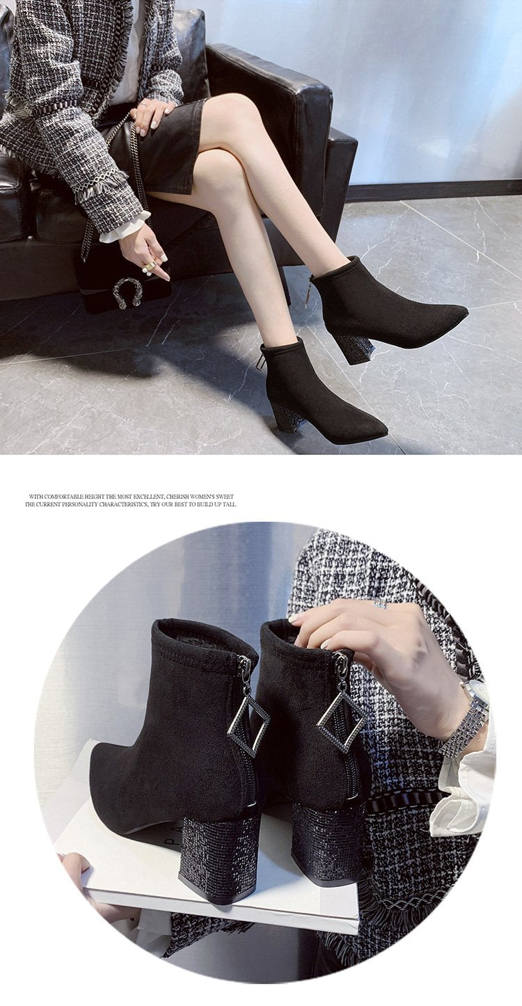 Versatile Rhinestone Chunky Heel Boots