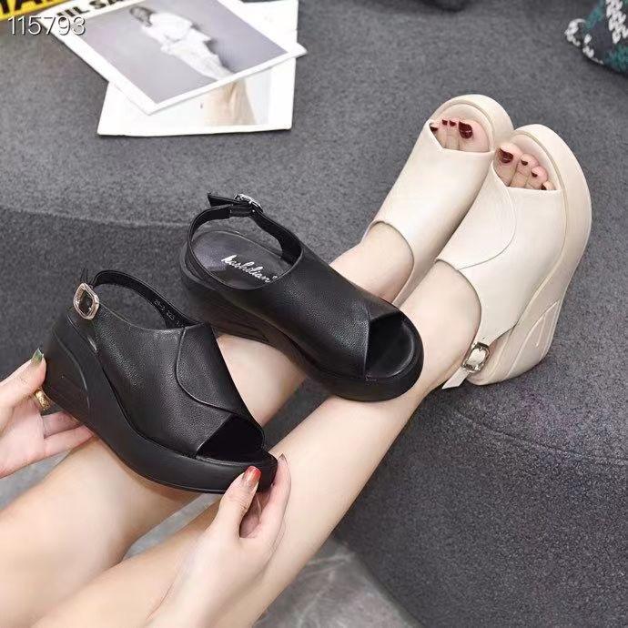 Fish Mouth Slope Heel Leather Clasp Sandals