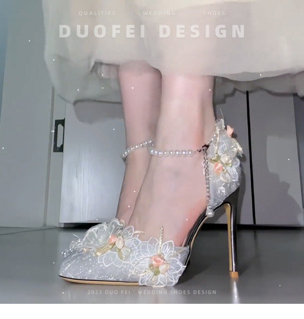 Sliver Silk Banquet Pearl Floral High Heels Shoes