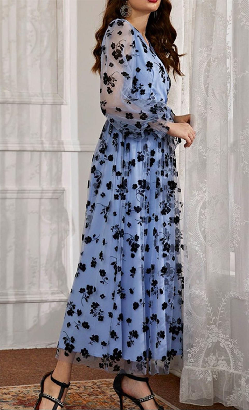 3D Posy Mesh Wrap Maxi Dress