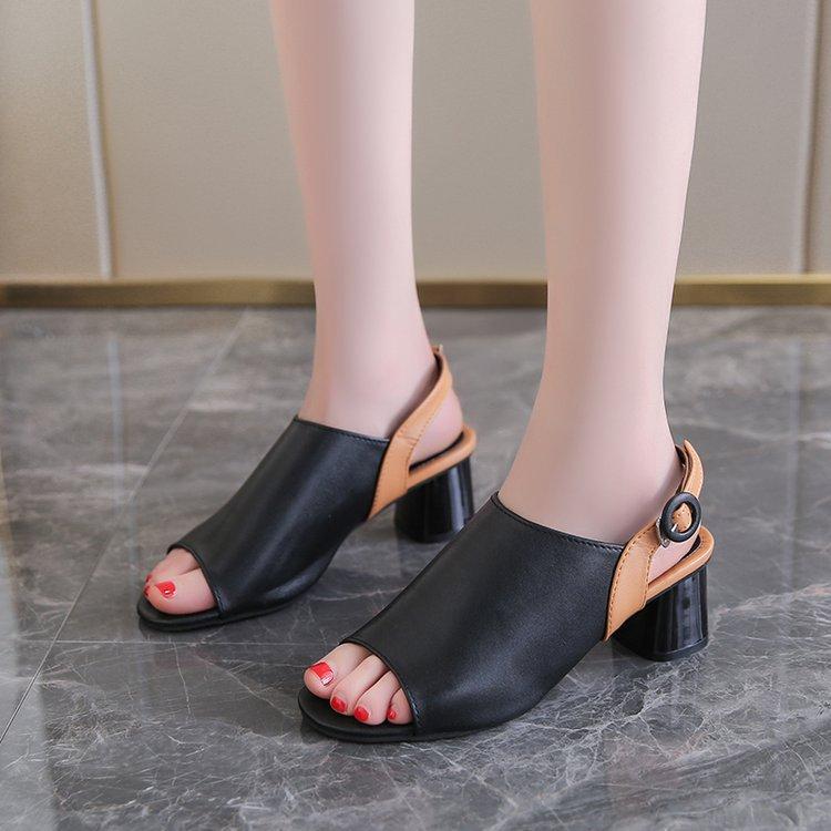 Elegant Mid-Heel Roman Leather Fish Mouth Sandals
