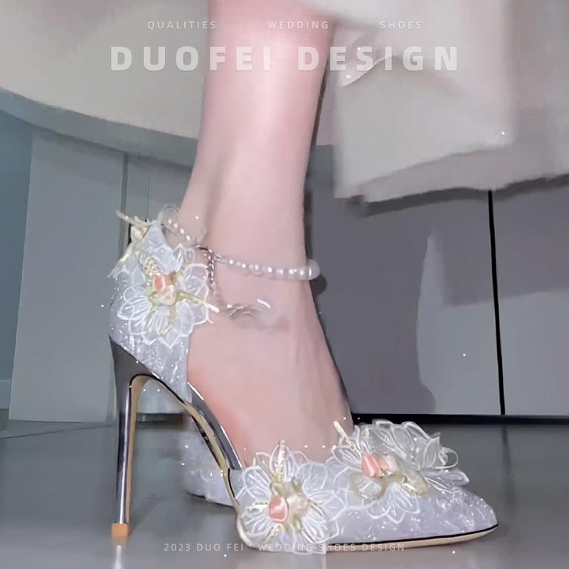 Sliver Silk Banquet Pearl Floral High Heels Shoes