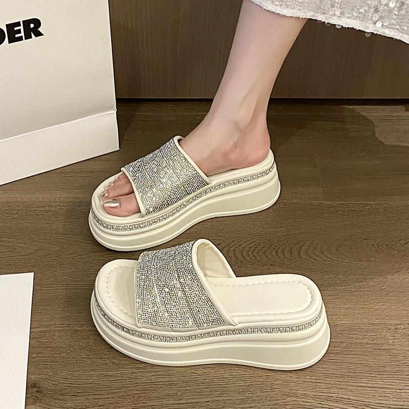Platform Casual Thick-Sole Rhinestone Slippers