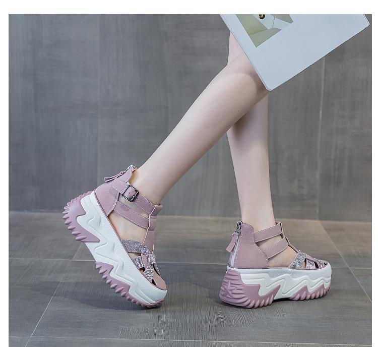 Gothic Thick-Sole Leather Rhinestone Sandals