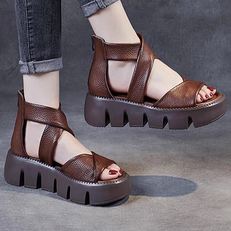 Handmade Cross Cow Leather Wedges Sandals