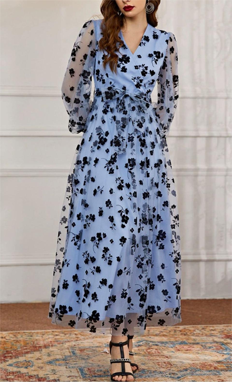 3D Posy Mesh Wrap Maxi Dress