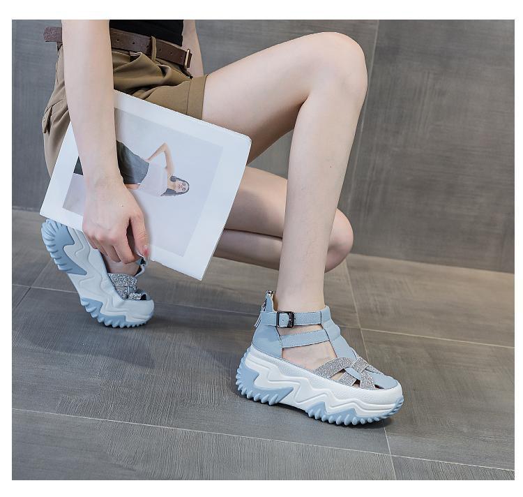 Gothic Thick-Sole Leather Rhinestone Sandals