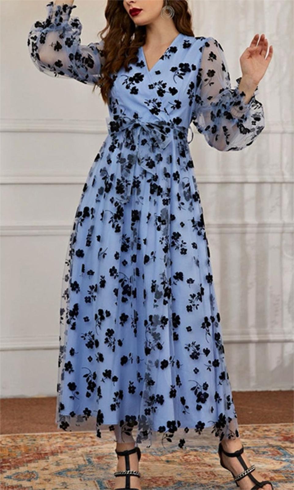 3D Posy Mesh Wrap Maxi Dress