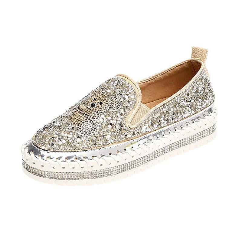 Rhinestone Sequins Bear Hand-stitched Casual Flat Shoes