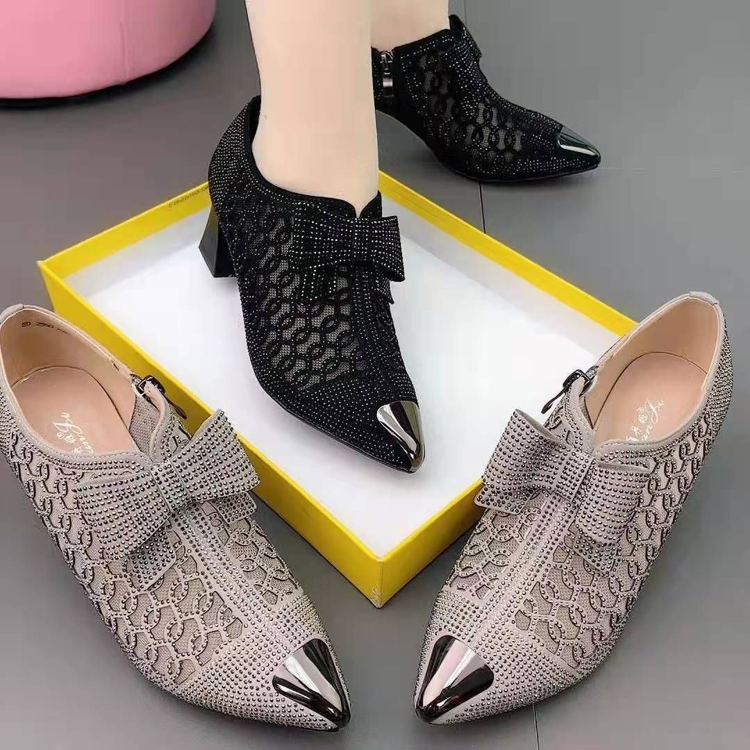 Rhinestone Bow Zipper Shoes