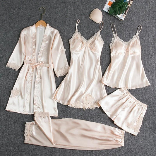 Satin Lace Pajamas Suits(5 PIECES)
