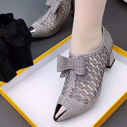 Rhinestone Bow Zipper Shoes
