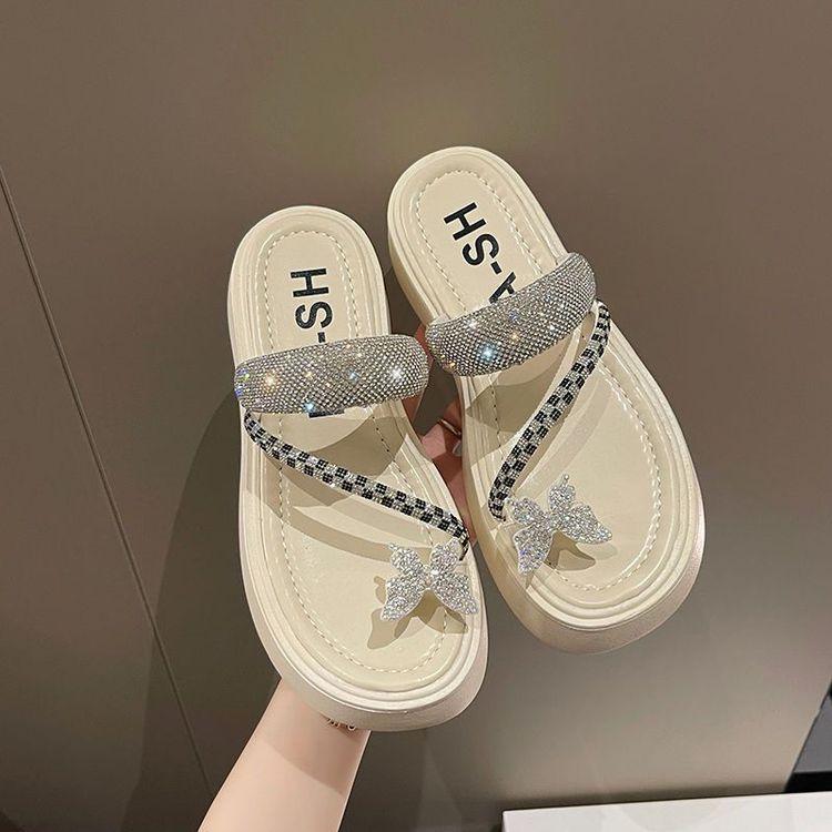 Versatile Rhinestone Muffin Clip Toe Slippers