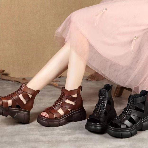 Comfortable Leather Retro Chunky Rocking Sandals