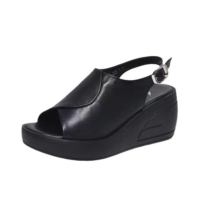 Fish Mouth Slope Heel Leather Clasp Sandals