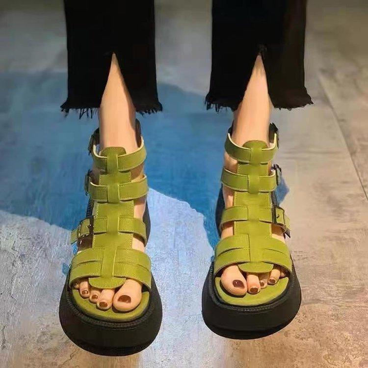 Leather Heightening Casual Hollow Zipper Sandals