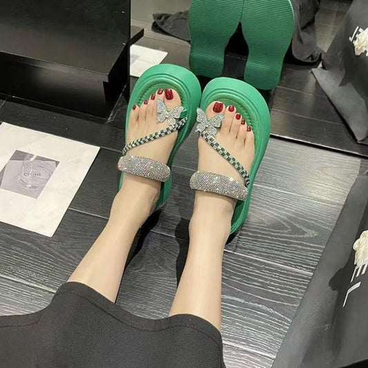 Versatile Rhinestone Muffin Clip Toe Slippers