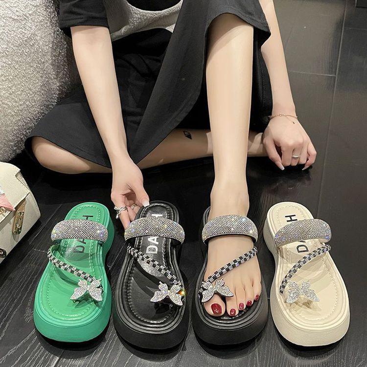 Versatile Rhinestone Muffin Clip Toe Slippers