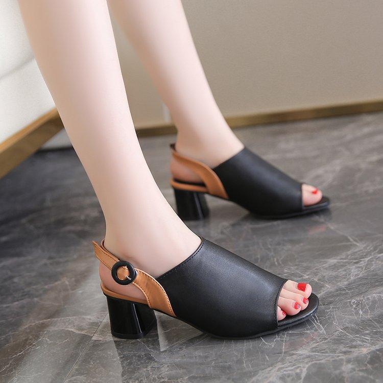 Elegant Mid-Heel Roman Leather Fish Mouth Sandals
