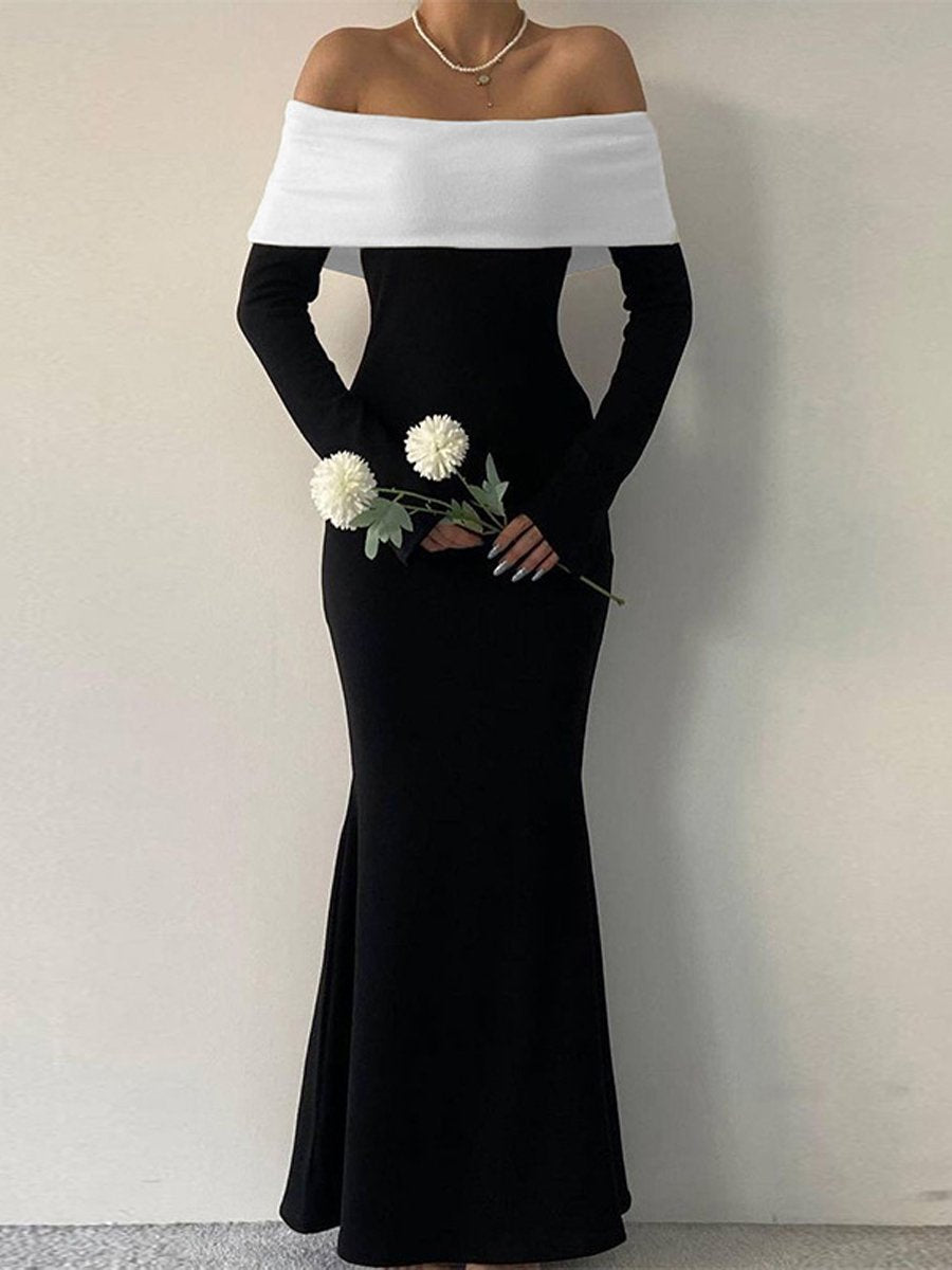 Fashion Off Shoulder Contrast Hip Dress