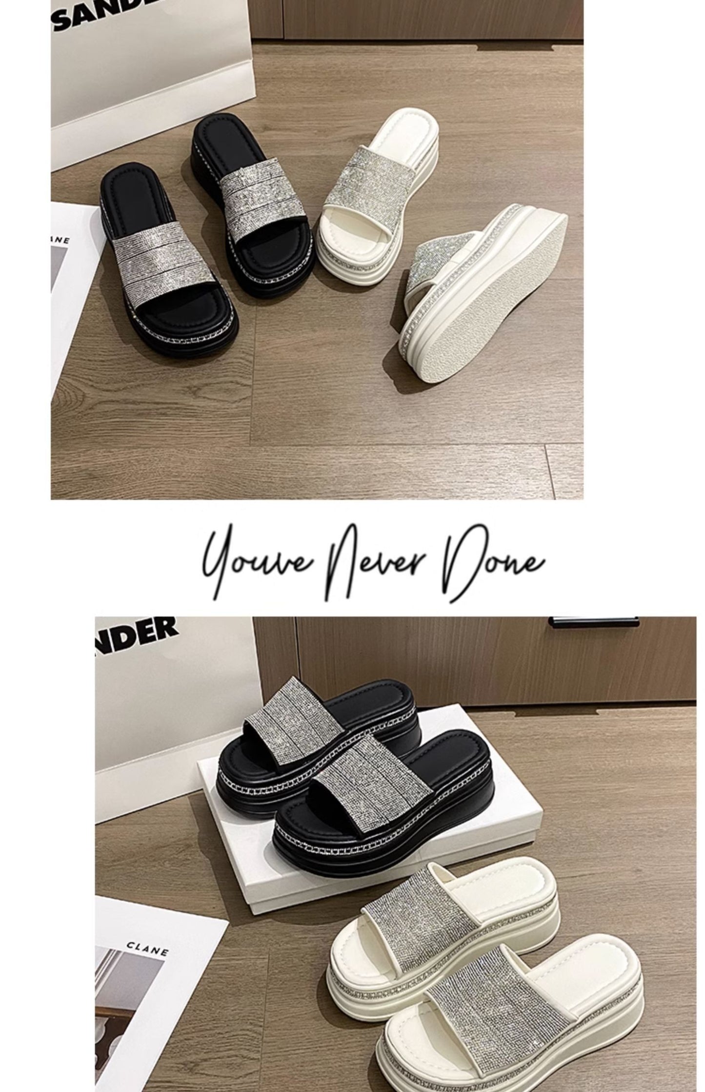 Platform Casual Thick-Sole Rhinestone Slippers