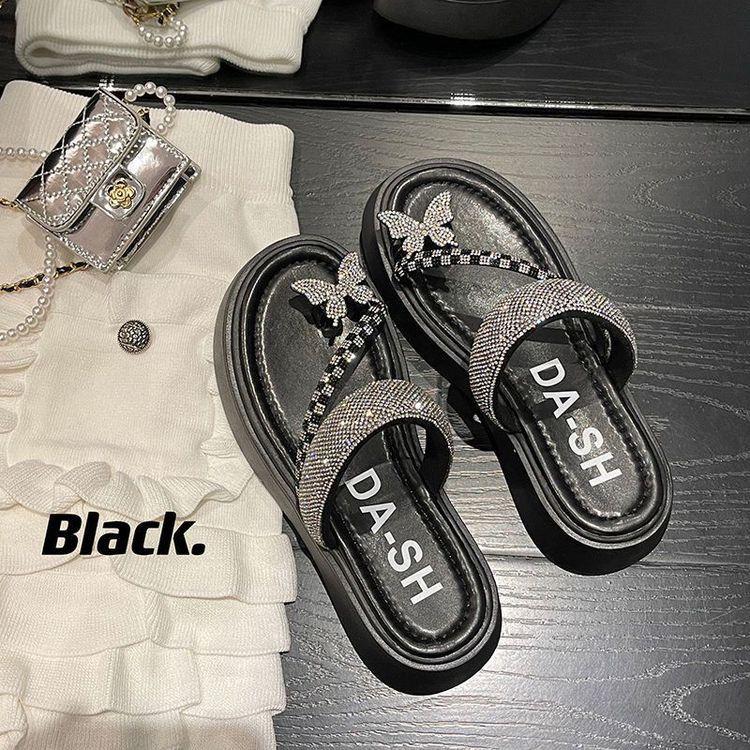 Versatile Rhinestone Muffin Clip Toe Slippers