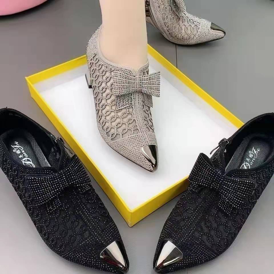 Rhinestone Bow Zipper Shoes