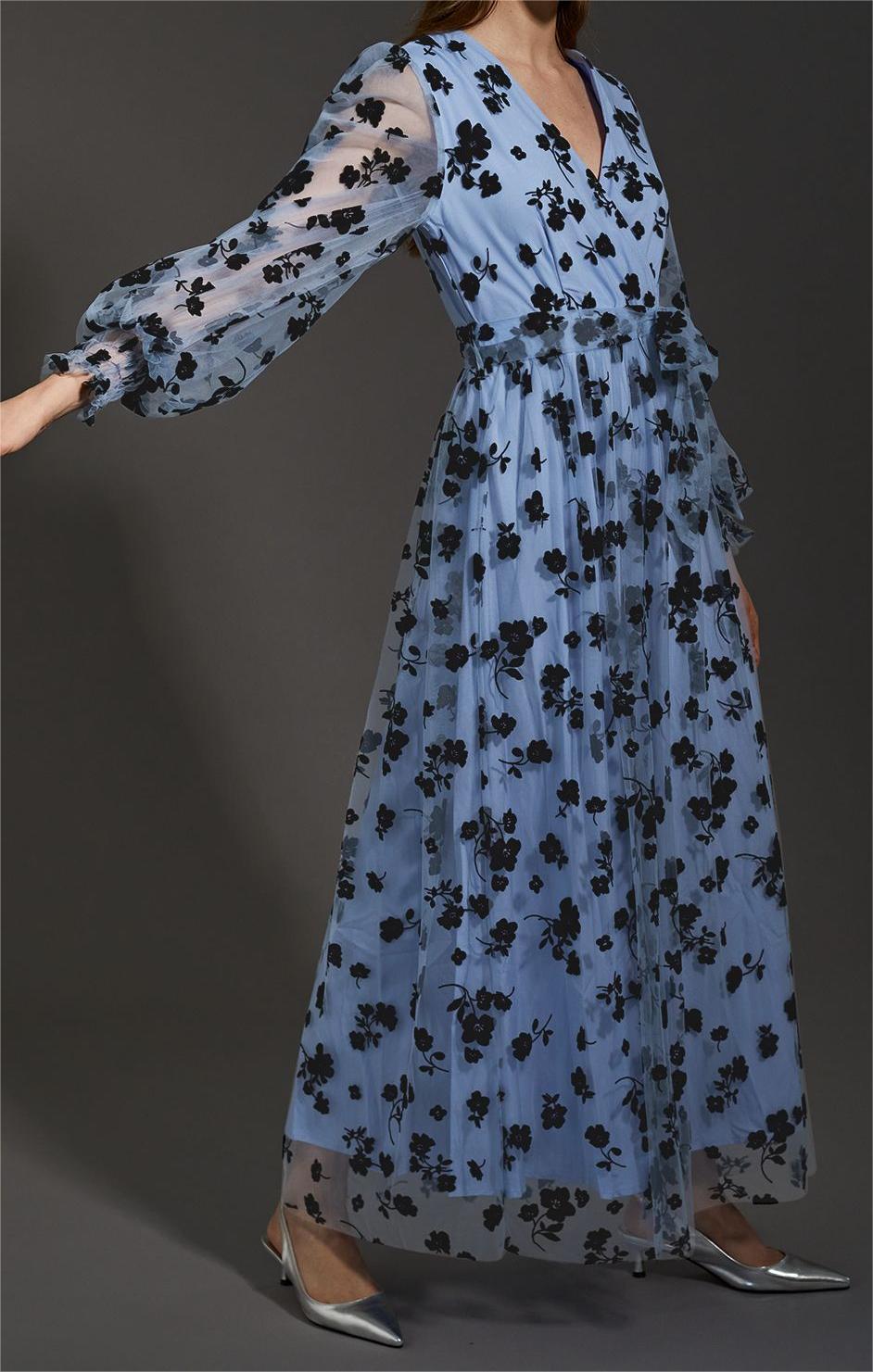 3D Posy Mesh Wrap Maxi Dress