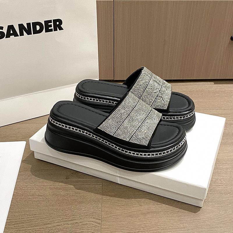 Platform Casual Thick-Sole Rhinestone Slippers