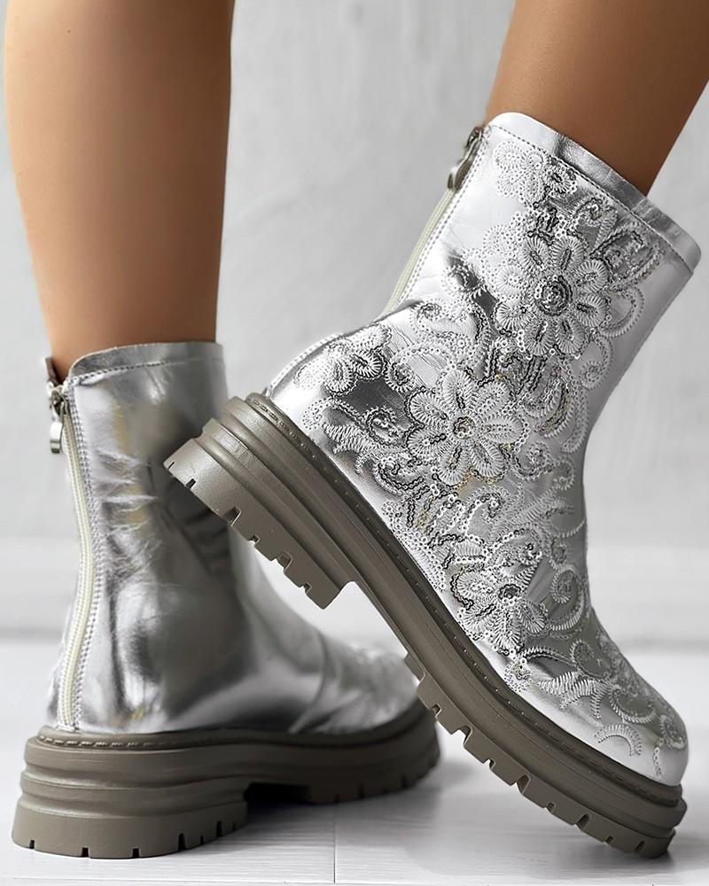 Sequin Floral Embroidery Platform Martin Boots