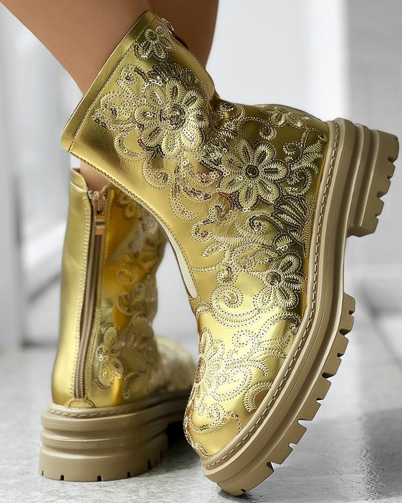 Sequin Floral Embroidery Platform Martin Boots