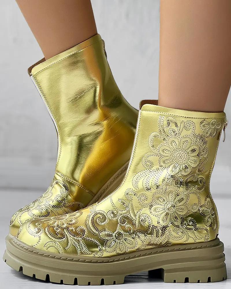 Sequin Floral Embroidery Platform Martin Boots