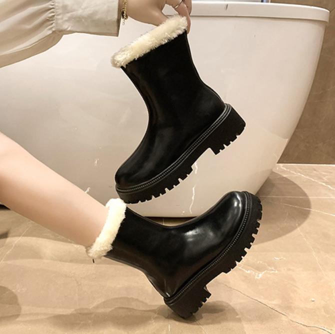 Solid Color Fur Fleece Lined Waterproof Snow Boots
